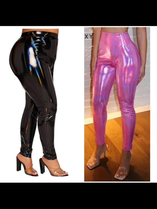Pants - 2 pairs Holographic High-Waist Faux Patent Leggings - Black and Pink Size Large